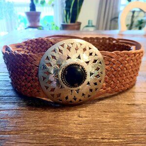 Motif 56 Woven Camel Color Leather Boho Belt with Silver/Horn Buckle